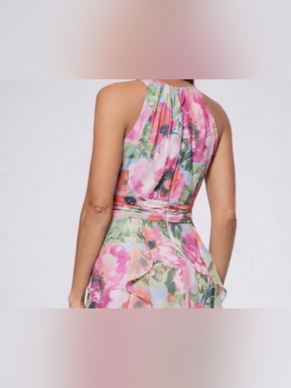 Xscape Floral Chiffon Halter Maxi Dress SZ 8 Petite Pink Blue Ruffle Gown - Picture 3 of 5